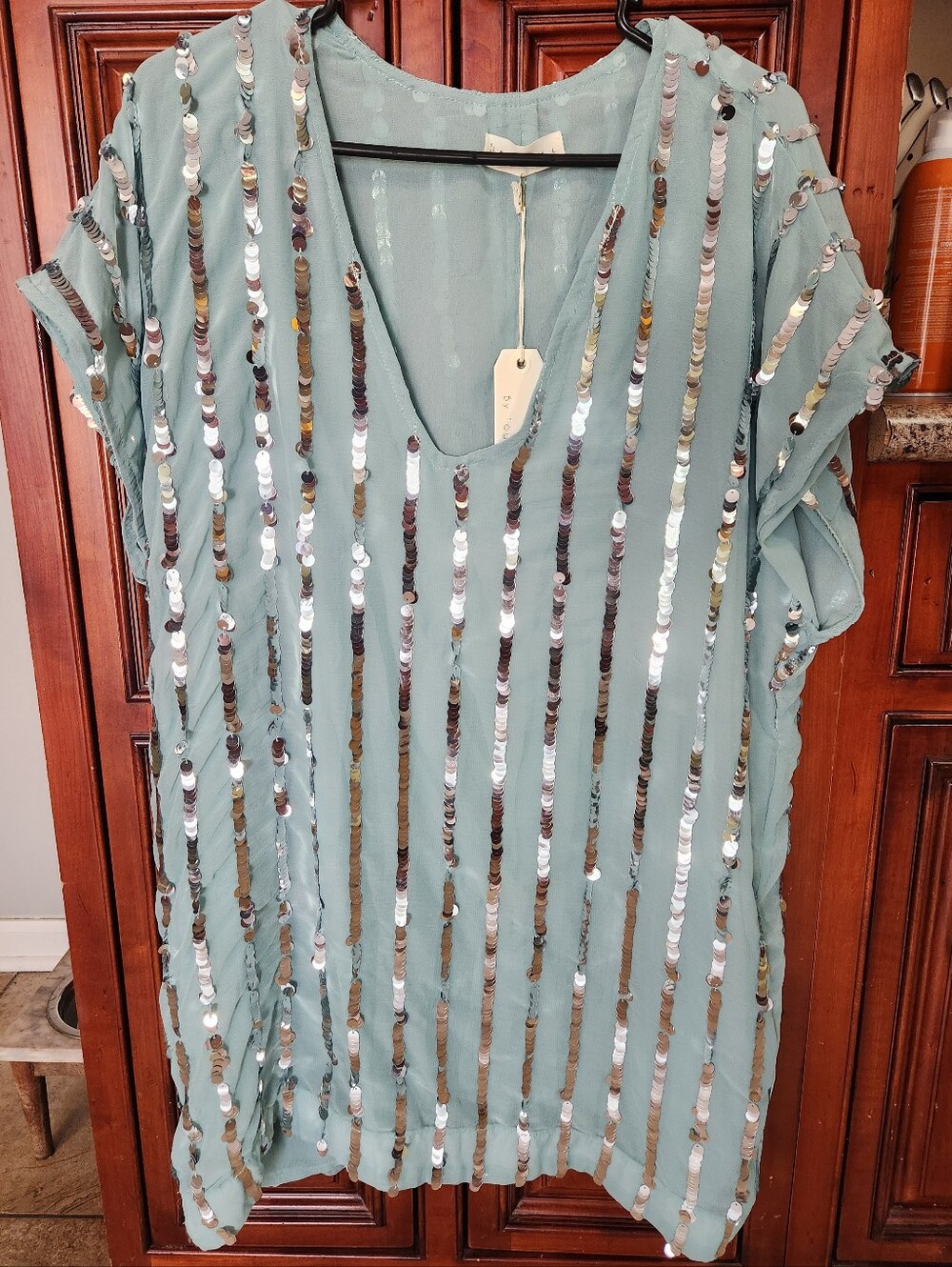 By Together Sage Green Sequin Stripe V-Neck SwimSuit Cover-up